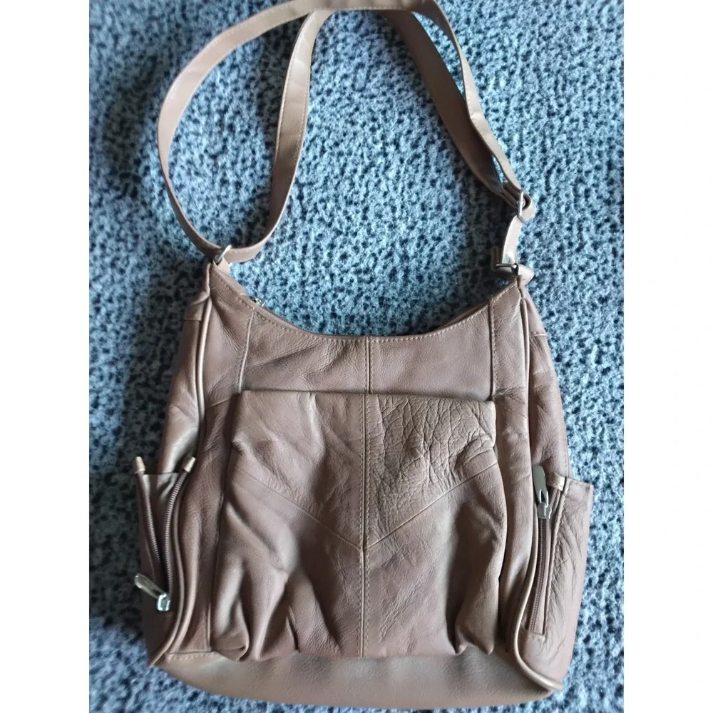 Genuine Cowhide Leather Shoulder Bag Tan Brown Multi Pocket Hobo Purse